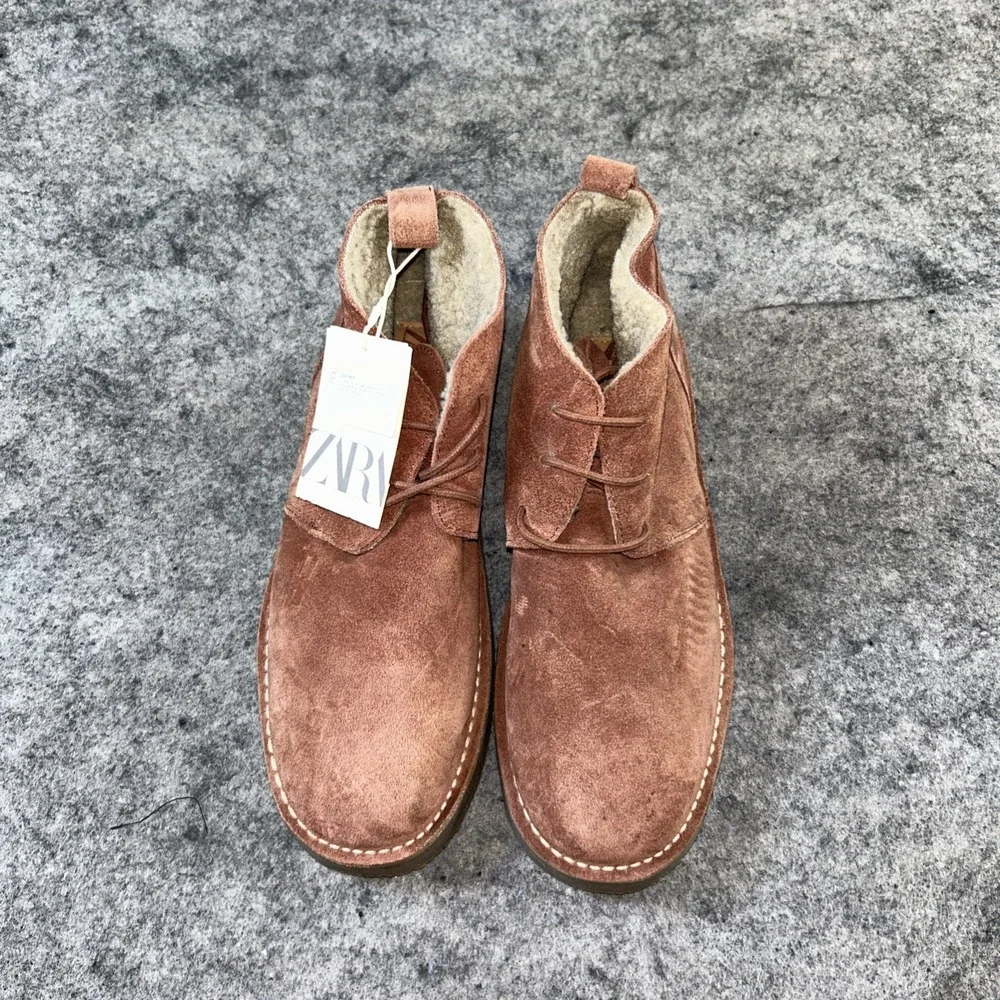 New Zara Girls Sherpa Lined Split Leather Ankle Booties  37/5 Rose Pink